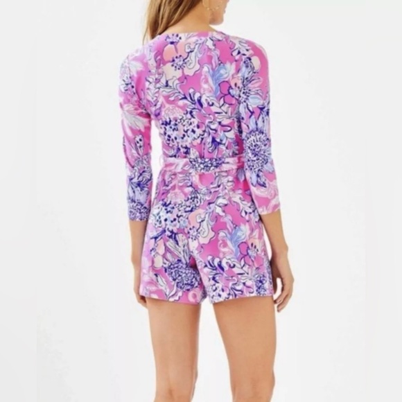 Lilly Pulitzer Karlie Wrap Romper Jersey Sun Drenched Pink Tropics Preppy Resort - Picture 2 of 13